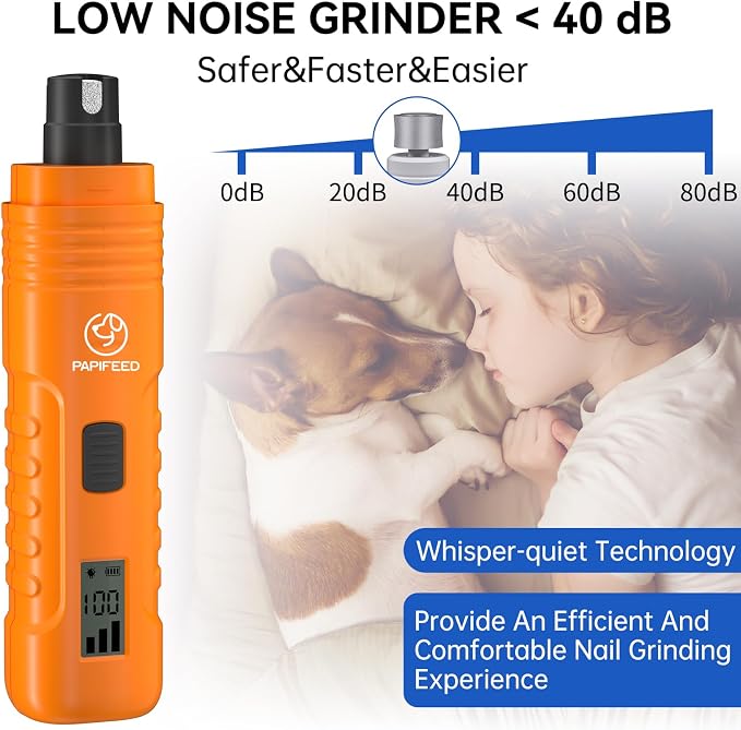 PAPIFFEED Dog Nail Grinder with LCD Display – Quiet Electric Nail Trimmer with Dual LED Light, Safe for Black & Thick Nails, Rechargeable for Small Medium Large Dogs & Cats (Orange)