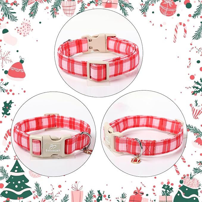 Plaid Dog Collar - Cute Red and Pink Plaid Puppy Collar with Safety Buckle, Soft Adjustable Holiday Dog Collars for Small Medium Large Dogs L