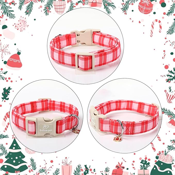Plaid Dog Collar - Cute Red and Pink Plaid Puppy Collar with Safety Buckle, Soft Adjustable Holiday Dog Collars for Small Medium Large Dogs M