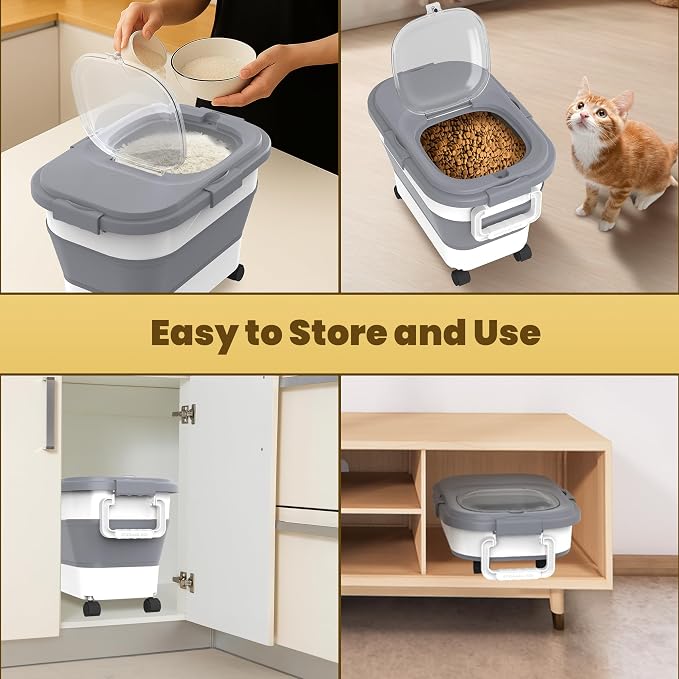 HOYTAMDAR 20-30Lbs Collapsible Rice Container,Food Storage container | Rice Storage Container with Airtight Lid,Rolling Wheels,Small Bin & Measuring Scoop,Rice Dispenser for Pet Food Rice Flour