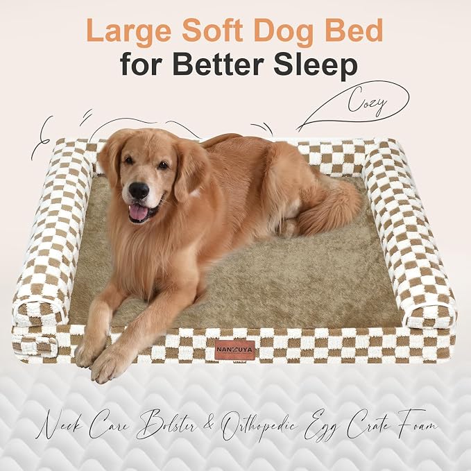 NANUYA Orthopedic Dog Bed for Large Dogs, 38 x 25 Inch, Brown Grid | Egg crate foam for joint support, 3-sided bolster pet sofa, waterproof lining, washable cover, and non-skid base