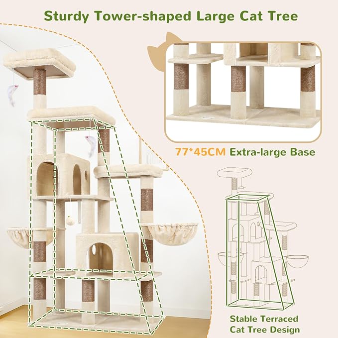 Globlazer 74in Large Sturdy Cat Tree for Large Cats, F74F, Dark Grey | Tall Maine Coon Cat Tower for Indoor Cats Large Adult with 8 Scratching Posts, 2 Spacious Cat Condos, 3 Perches