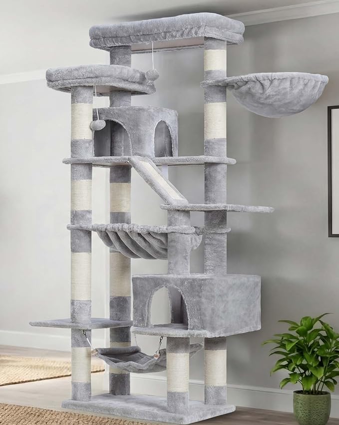 Heybly Cat Tree, 71-Inch-Tall Tower for Indoor Cats with 2 Perches HCT034W | Large Cat Furniture with 2 Big Condos, 2 Hammocks, Basket, Scratching Pad, Multi-Level Cat Condo, Light Gray