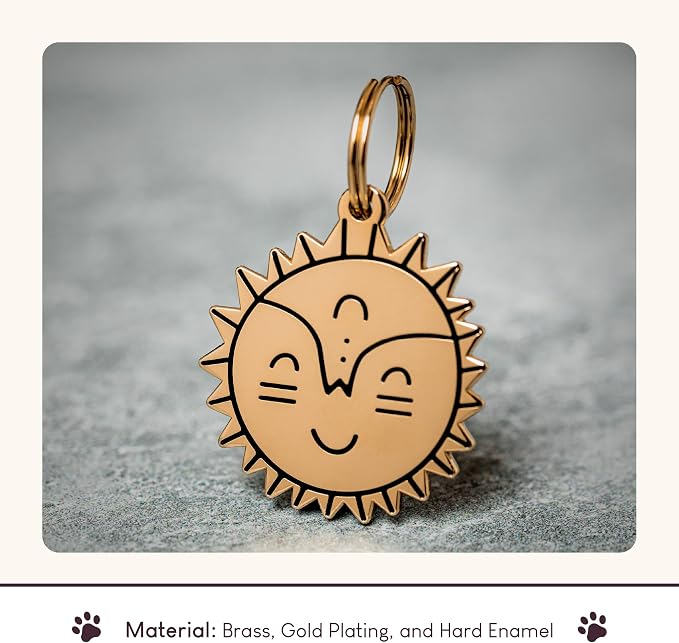 Two Tails Pet Company Personalized 'Smiling Sun' Pet ID Tag - Custom Engraved Dog Tags for Pets - Durable Brass, Gold Plating