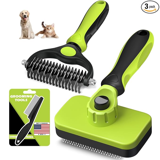 Professional 3PCS Self Cleaning Slicker Brush & Pet Grooming Rake & Flea Comb for Dogs,Cats and Horses | Double-Sided Dematting Comb & Skin Friendly Deshedding Grooming Tool | Pet Supplies (Green)