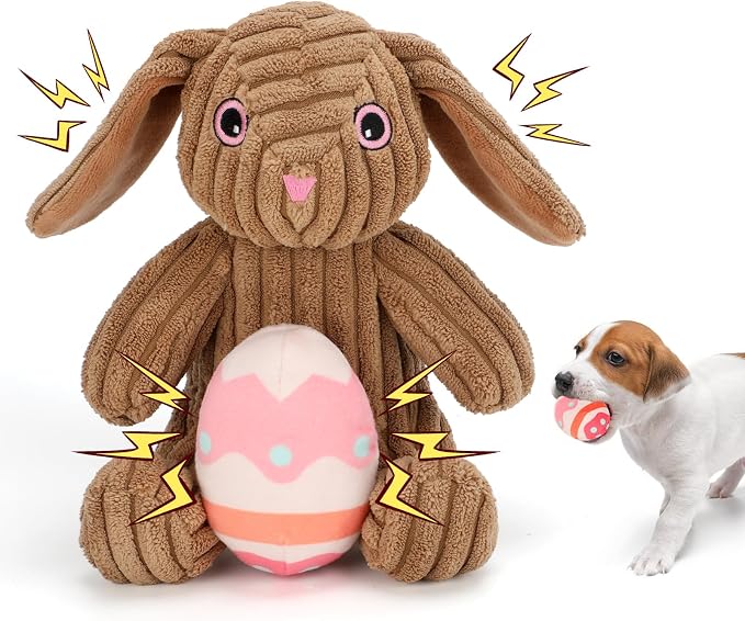 Rypet Stuffed Dog Toys Easter Rabbit Dog Toy, Squeaker Plush Dogs Toy with Crinkle Paper, Interactive Durable Puppy Chew Toy Pet Easter Toy with Egg for Small and Medium Dogs