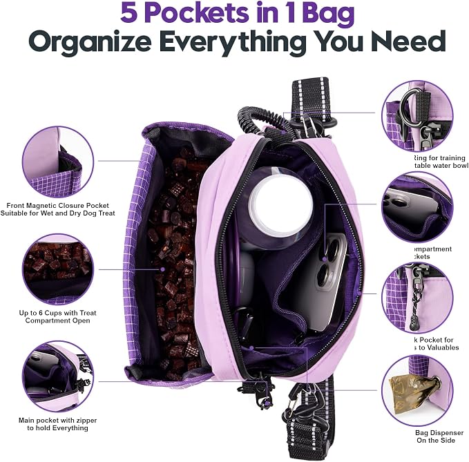 Dog Treat Pouch for Training, Magnetic Dog Walking Bag and Fanny Pack | Large treat pocket with poop bag dispenser, clicker and bowl; hands-free for dog training, walks, park trips and travel