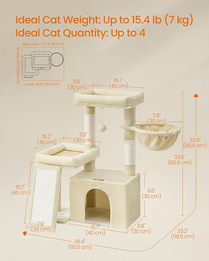 Feandrea Cat Tree, Cat Tower Condo with Scratching Posts and Ramp, 2 Large Perches, Cave, Basket, 33.8 Inches Tall, Summer Sand UPCT013LF02S
