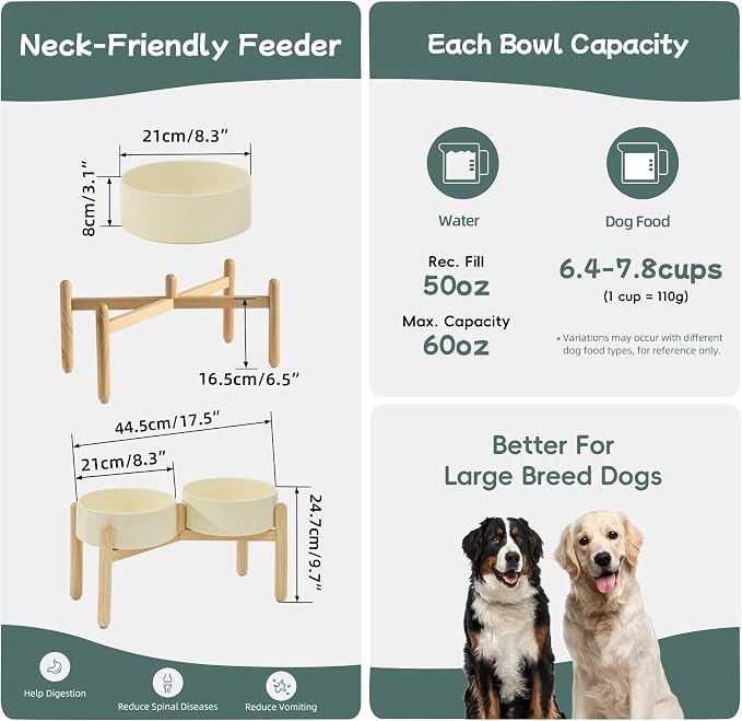 Havniva 8.3inch Ceramic Raised Dog Bowl with Stand, Double Dog Bowls Elevated for Large Breed Dog Food and Water Bowl Set Non-Slip Dog Dish Large Capacity Feeding Pet Water Bowl