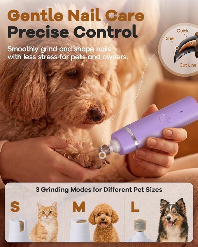 Veeconn 4 in 1 Dog Clippers Grooming Kit with Paw Hair Trimmer for Cat Pet | Low Noise, 7500RPM Powerful, IPX7 Waterproof, Safe & Easy for Beginners, 4 Guide Combs, Cordless Dog Nail Grinder(Purple)
