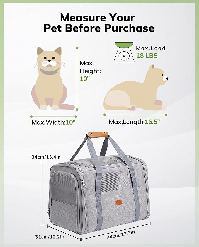 Morpilot Portable Cat Carrier - Soft Sided Cat Carrier for Medium Cats and Puppy up to 15lbs, Pet Carrier with Locking Safety Zippers, Foldable Bowl, Airline Approved Travel Dog Carrier - Light Gray