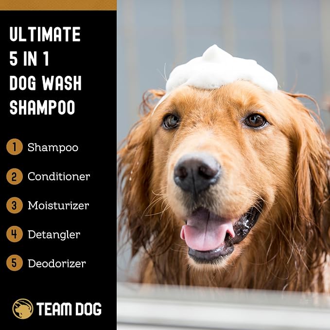TEAM DOG 5 in 1 Oatmeal Shampoo for Dogs | Moisturizing, Detangling & Deodorizing Dog Shampoo and Conditioner | for Allergies & Sensitive Skin | Plant-Based Blend with Natural Ingredients | 16 Fl Oz