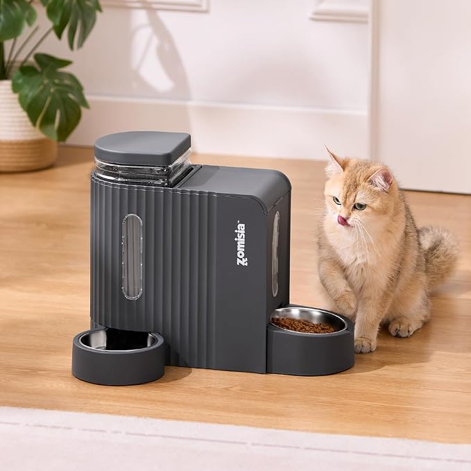 ZOMISIA Gravity Cat Food and Water Dispenser Set with 304 Stainless Steel Bowls, 2 in 1 Automatic Cat Feeder with 180 Degree Rotatable Water Bowl, Large Capacity for Puppy Kitten Rabbits, Grey