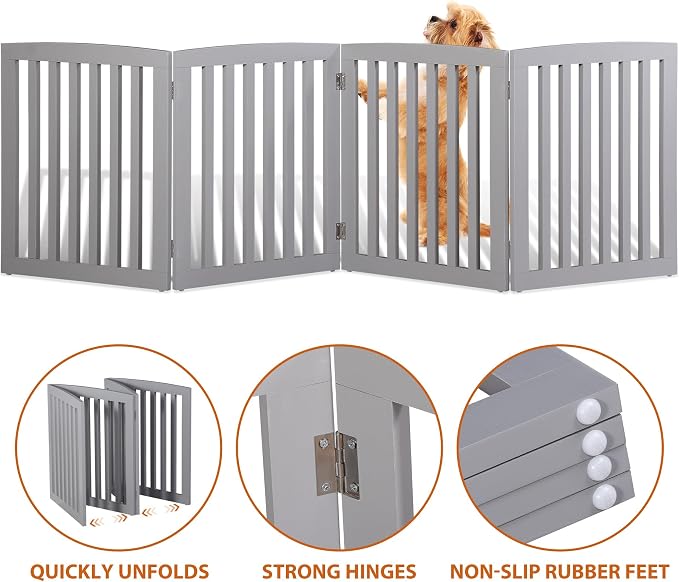 ZENY 24 Inch Pet Dog Gate, Foldable Freestanding Dog Door 4 Panel, White Wooden Z Shape Step Over Pet Fence for Entryway, Stairs, Doorway (Grey)