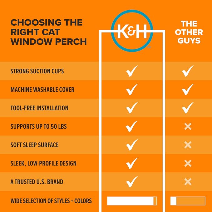 K&H Cat Window Perch, EZ Mount Cat Window Hammock, Holds 50 lbs, Gray | Sturdy Kitty Sill Seat, Strong Suction Cups, Metal Frame, Space-Saving Cord-Free Design, Indoor Window Bed, 23x12x9in