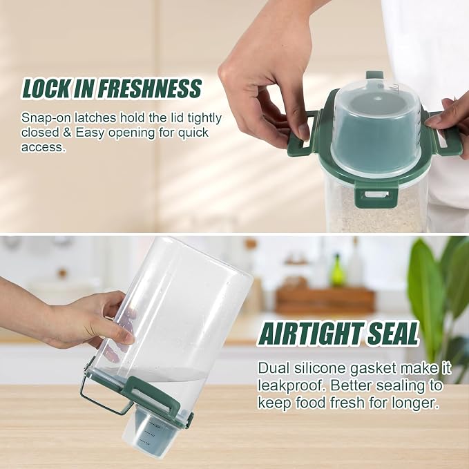 2 Pack 3 Lbs Pet Dog Cat Food Storage Containers for Travel - Pine Green | Airtight Bird Seed Storage Container, 5 Lbs Rice Dispenser Flour Holder for Cereal Oatmeal Pour Spout Measuring Cup Handle