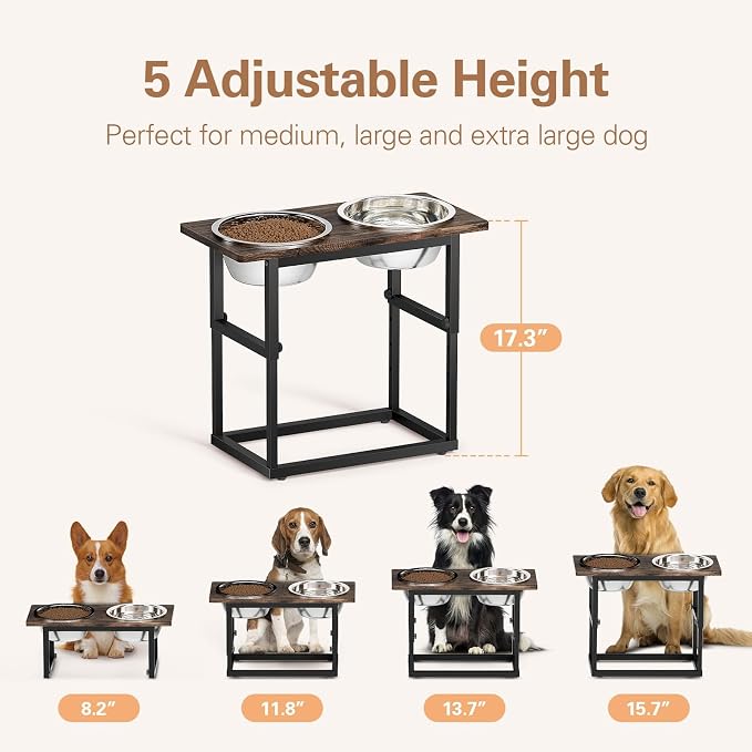 Zarler Elevated Dog Bowls for X-Large and Large Breed, 5 Adjustable Heights from 8.2'' - 17.3'', 2 Stainless Steel Bowls, 8.2'',11.8'',13.7'',15.7'',17.3'' Raised Dogs Bowls Stand