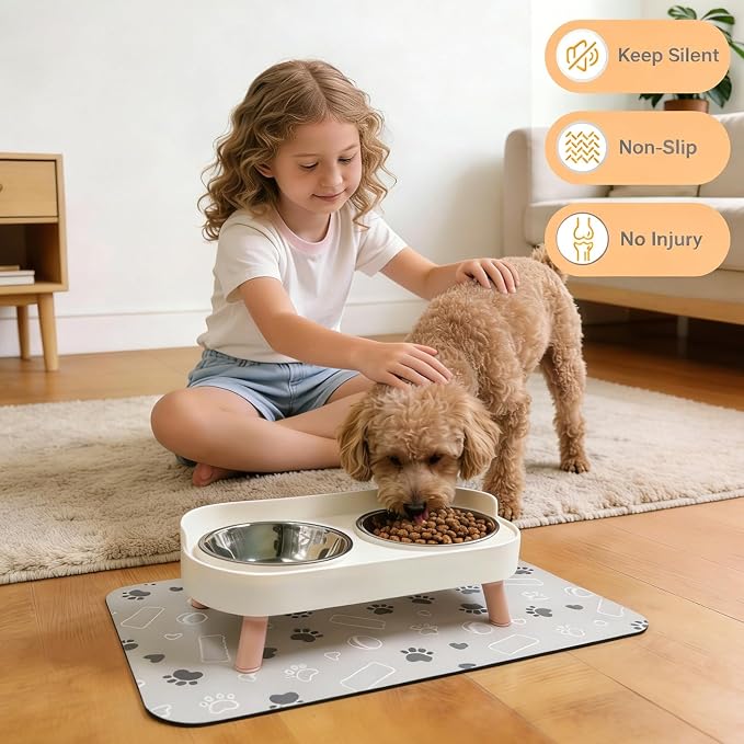 Elevated Dog Bowl, Raised Feeding Stand with Mat for Small Dogs Under 25 Lb | 2 Stainless Steel Pet Raised Bowls for Cats and Puppies, Splash Proof, Dishwasher Safe, with Stain-Resistant Quick-Dry Mat
