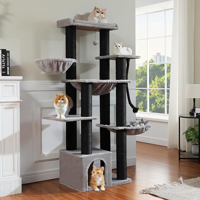 Maine Coon Cat Tree-67 Large Cat Tower for Indoor Cats Large Adult with 7 Thick Black Scratching Posts (φ4.3), Multi-Level Condo, Big Perch & Hammocks -Black | 7 thick 4.3in posts, Multi-level condo, XL top perch, Cozy hammocks, Sized for Maine Coon, H...