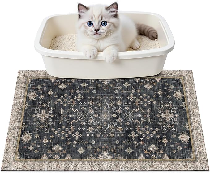 Cat Litter Mat Litter Trapping Mat, 24"x15" Waterproof Urine Proof Litter Box Mat Catcher Mat Non-Slip Washable for Kitty Kitten, Black