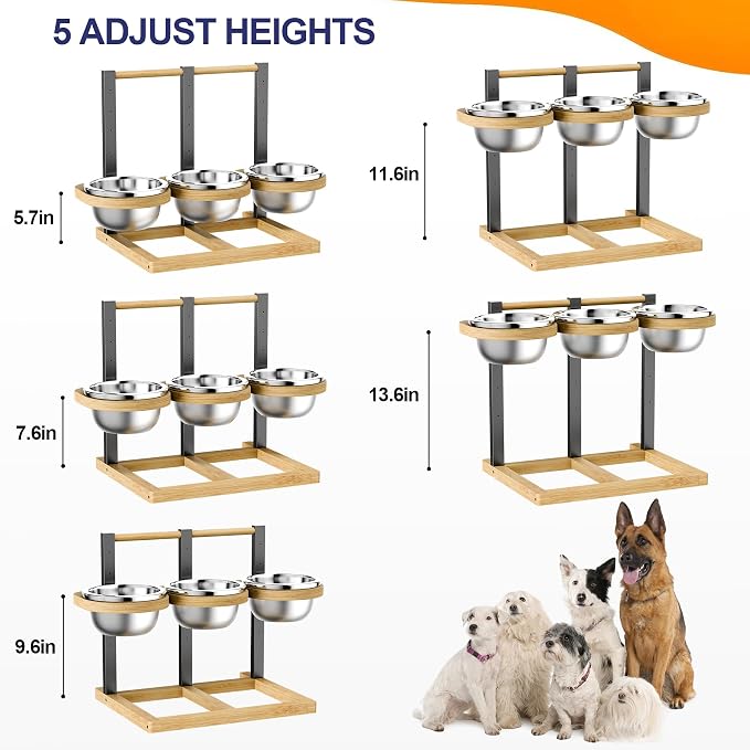 Elevated Dog Bowl,Bamboo Raised Dog Bowl,5-Height | Adjustable Dogs Food Bowls Stand,Dog Feeding Station with 3 Food and Water Bowls for Medium,Large Dogs