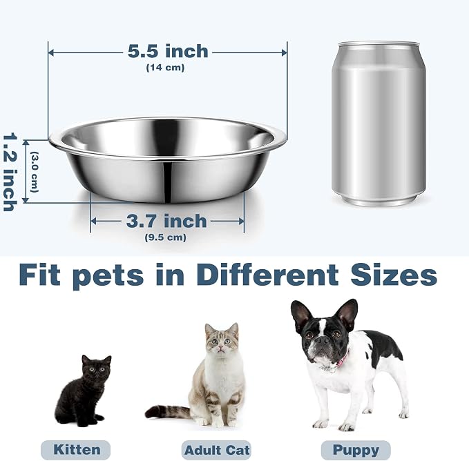 6 PCS Thickened Stainless Steel Cat Bowls, 5.5 Inch Shallow Wide Flat Metal Kitten Food Bowls, Whisker Friendly Fatigue Relief Replacement Basic Pet Dishes for Indoor Cats