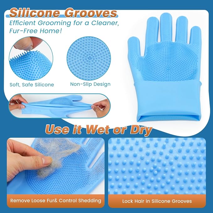 7 PCS Pet Grooming Kit for Dogs and Cats | Dog Washing Gloves | Dog Bath Brush | Cleanroom Gloves | Dog Shampoo Brush | Finger Toothbrushes | Storage Bag | All-in-One Pet Care (Ocean Blue)