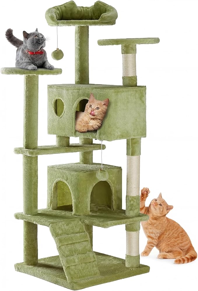 DUMOS 54-inch Cat Tree Tower with Scratching Posts, Indoor Use | Multi-Level Pet House for Large Cats with 2 Condos, Round Platform, Small Ladder and Toys, Green