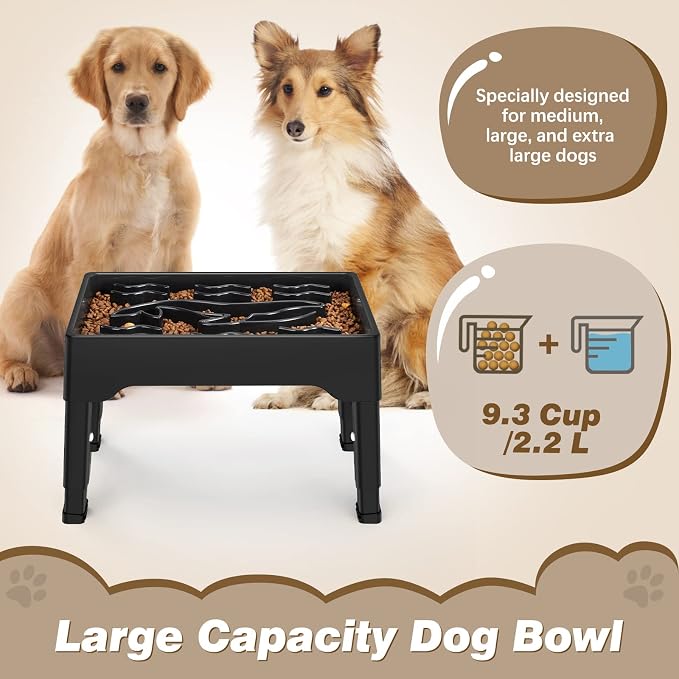 9 Cups Elevated Slow Feeder Dog Bowls 4 Adjustable Heights, Black | Raised Dog Slow Feeder Bowls, Dog Food Bowl Stand, Non Slip Anti Gulping Slow Eating Dog Bowl for Medium & Large Dogs