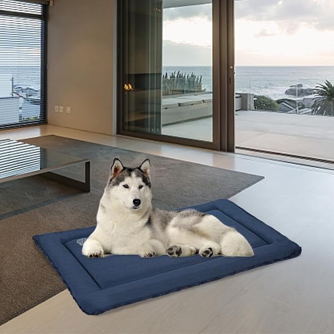 EMPSIGN Dog Crate Pad for 36"x24" Dog Crate, Plush/Canvas Navy | Reversible Kennel Mat (Cool & Warm), Machine Washable, Cozy Plush Sleeping Pad, All-Season Pet Bed