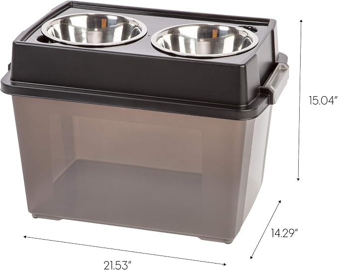 IRIS USA 2-in-1 Elevated Dog Bowls 6" H with Airtight Pet Food Storage Container Holds Up to 47 Lbs, Removable 4 Thick 16 oz Stainless Steel Bowls, at Home or Camping Pet Dish Bowl Set, Smoke/Black