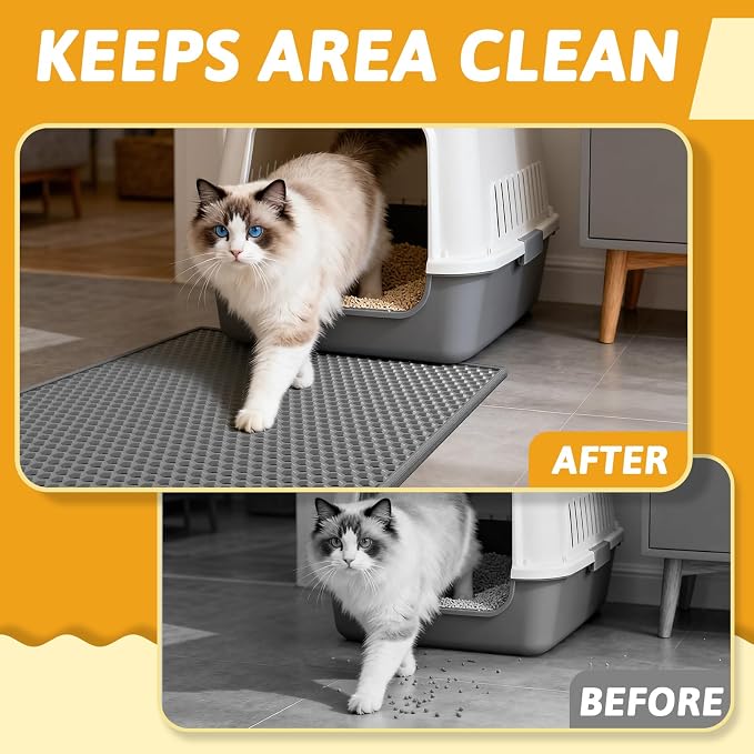 Pieviev Double Layer Cat Litter Mat Traps Scattered Litter 24''x15'' 2 Pack | Waterproof Urine Resistant Layer Litter Box Mat, Easy Collection, Soft on Kitty Paws, Gray Color for Indoor Cats