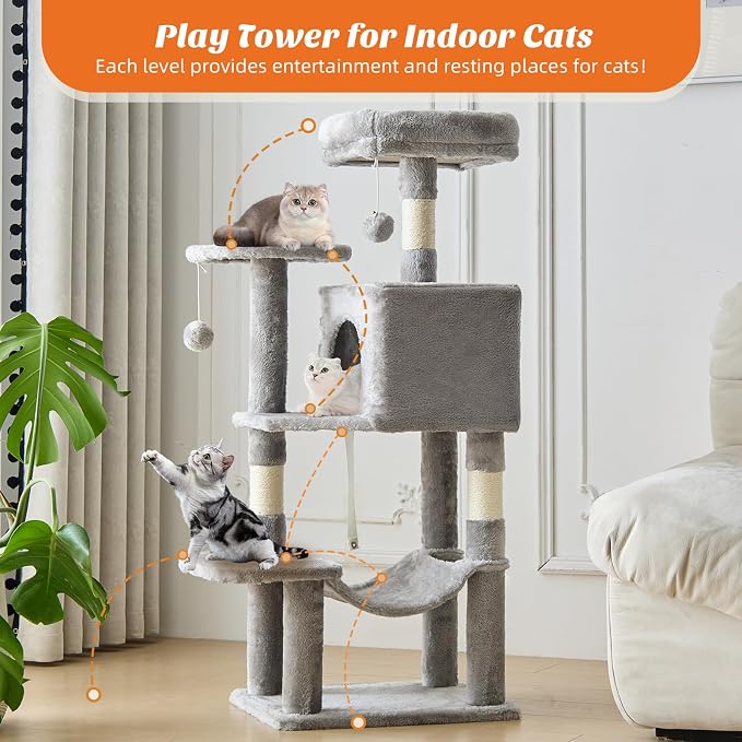 DUMOS 44 Inch Cat Tree Tower with Natural Sisal Scratching Posts | Small Cat Tree with Hammock, Pet Condo for Indoor Cats and Kittens Play, Light Grey