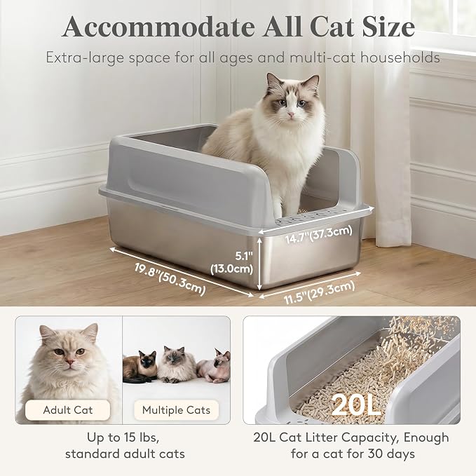 Lifewit Stainless Steel Litter Box, XL Metal Cat Litter Tray with Non-Slip Pads, Anti-Leakage Top Entry and High Sided, Easy to Clean, 22.8"×15"×10.2", Gray