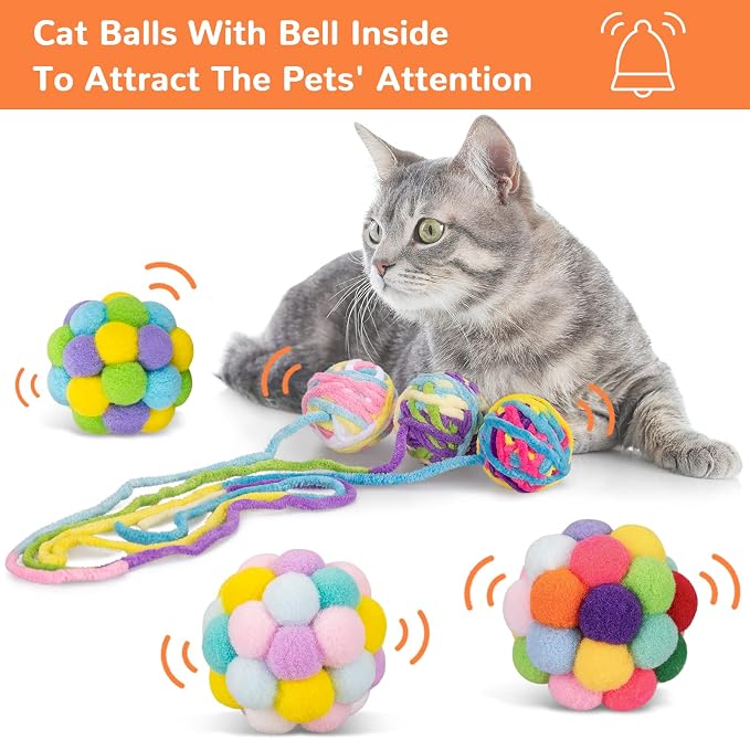Retro Shaw Cat Toys Balls with Bells Inside, Kitten Toys Pack 6Pcs | Woolen Yarn Cat Balls, Soft Pompom Jingle Ball with String, Interactive Kitty Nip Toys for Indoor Cats