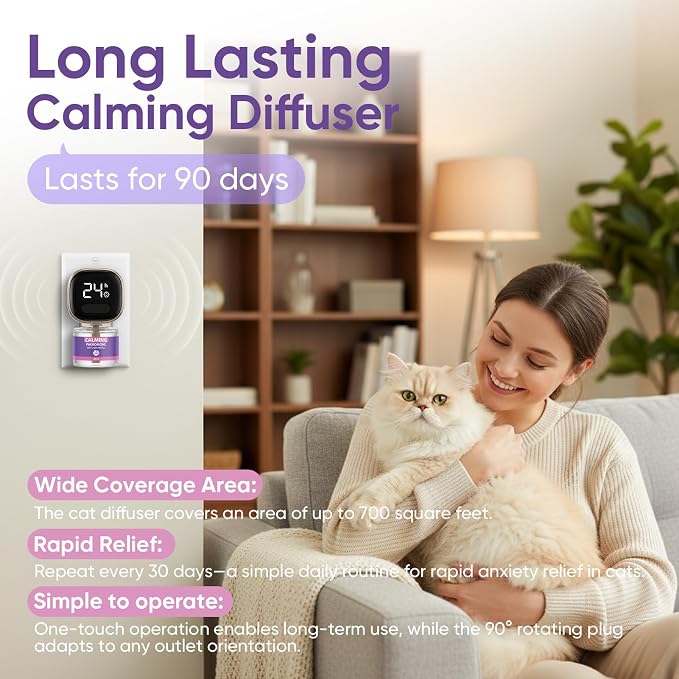 Cat Calming Diffuser Kit with Timer And Memory Adjustable 4/8/12/24H Cat Pheromone Diffuser 3-Pack (48ml Each) Helps Reduce Stress, Spraying, Fighting, Excessive Meowing & Scratching Fits All Cats