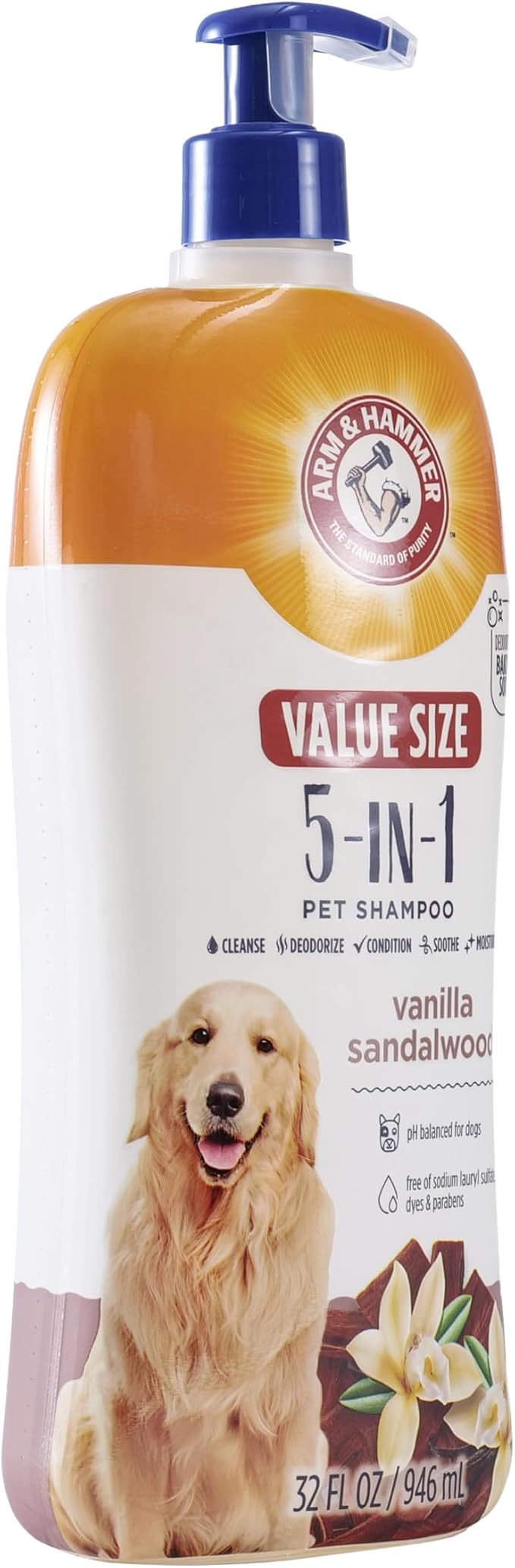 Arm & Hammer 5-in-1 Dog Shampoo, Vanilla Sandalwood, 32 Fl Oz | Deodorizing, skin soothing, and moisturizing formula, aloe and shea butter, oatmeal-based, value size