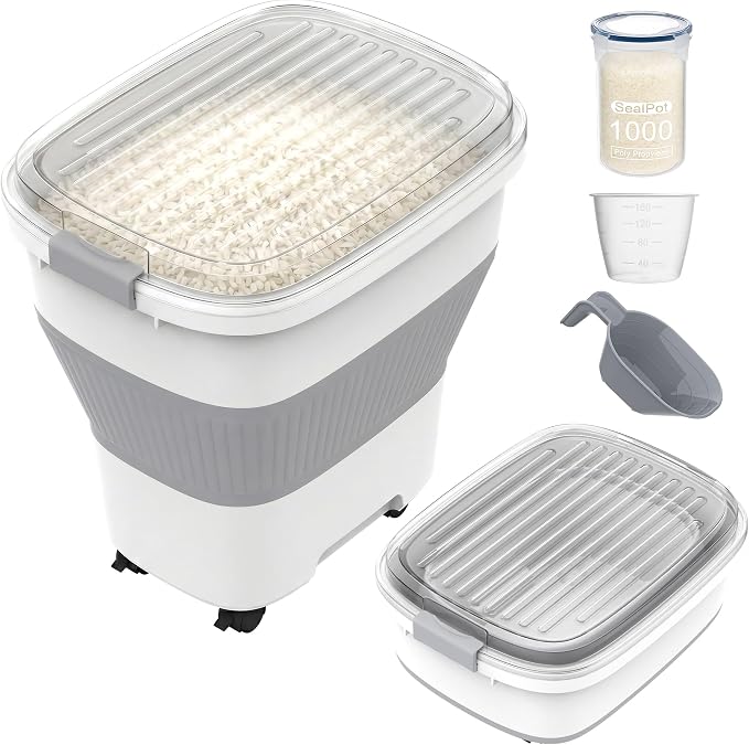 HOYTAMDAR 50Lbs Collapsible Rice Container,Airtight Food Storage container | Rice Storage Container with Clear Lid,Rolling Wheels,Small Bin & Measuring Scoop,Rice Dispenser for Pet Food Rice Flour