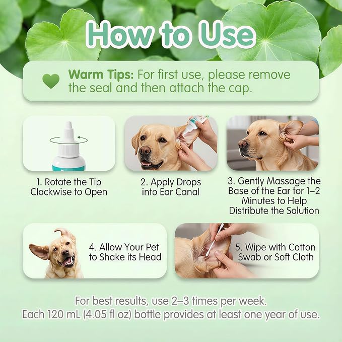 Cabishy Dog & Cat Ear Cleaner for Itchy, Smelly Ears – Gentle Ear Wax Removal & Soothing Ear Wash with Centella Asiatica, Alcohol-Free Pet Ear Cleaning Solution for Dogs & Cats (4oz)