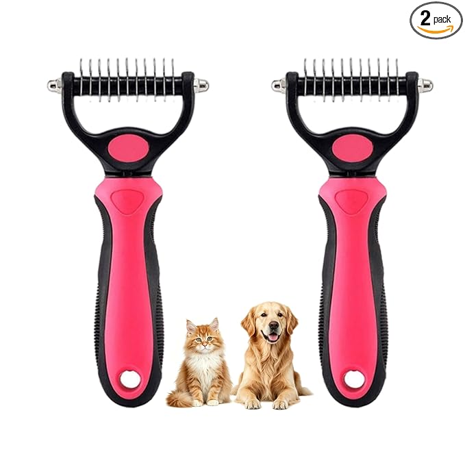Dematting Comb for Dogs and Cats, Undercoat Rake Pet Brush for Long Hair, Deshedding Dog Brush Removes Tangles Knots and Loose Fur, Grooming Tool for Thick Coats (Pink M*2)