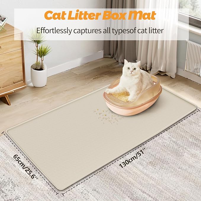 Cat Litter Mat for Litter Box 51"x25.6" Extra Large Silicone Mat, Beige | Waterproof Non-Slip Litter Box Mat with Raised Edges, Cat Litter Trapping Mat for Pet, Cat Litter Rug for Floor