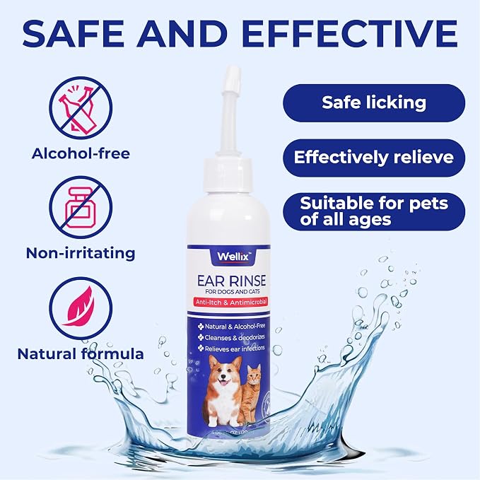 Wellix 120ml Ear Cleaner for Dog & Cat, Plant-Based Ear Drops for Dogs | Ear Wash for Itch Relief & Soothing Inflammation | Non-irritating Ear Infection Treatment | Ear Wax & Odor Removal Ear Flush