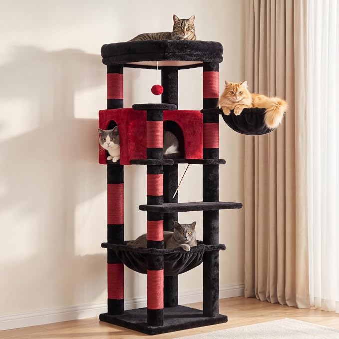 Heybly 53.1" Corner Cat Tree for Large Cats – Interactive Play HCT029BR | Sturdy Cat Tower with Cozy Cat Condo, Fan-Shaped Top Perch, Basket, Hammock & Solid Base, Black and Red