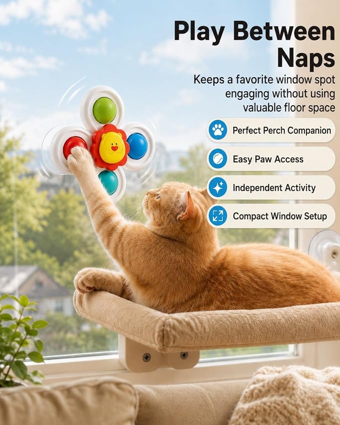 Cat Suction Cup Spinner Toy Colorful Balls Paw Activated Motion Indoor | Pets Window Perch Playmate Glass Mount 3 Designs Compact ABS Build Wipe Clean Surface Strong Grip(3sets)