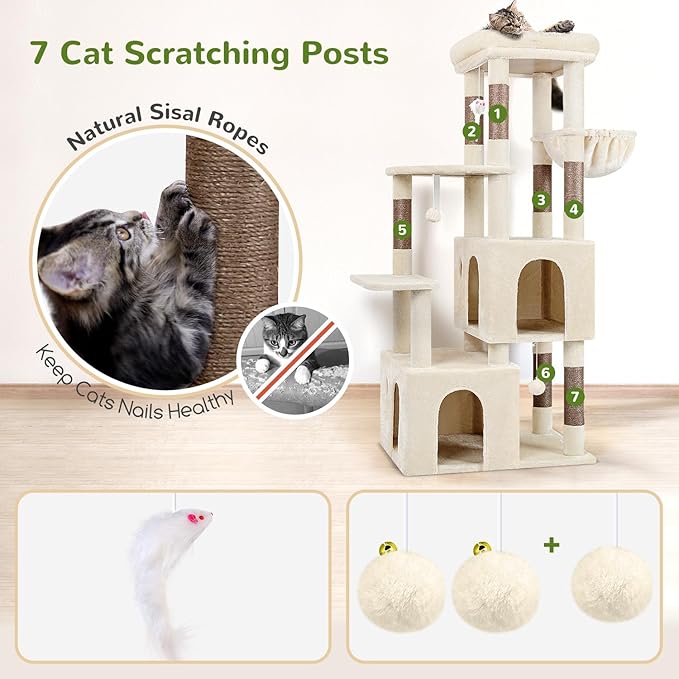 Globlazer Heavy Duty Cat Trees for Big Cats Maine Coon, F61, Beige | Cat Tower for Indoor Large Adult Cats with Scratching Post, Extra Large Top Perch, Cat Condos, 61inch