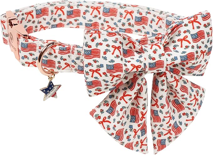DOGWONG American Flag Dog Collar with Sailor Bow - Adjustable and Comfortable 4th of July Dog Collar Patriotic Necklace for Large Medium Small Pet,L