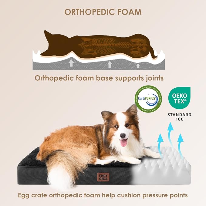 EHEYCIGA Orthopedic Dog Bed Large with Removable Washable Cover, 50IN Black | Egg Crate Foam Support, Durable Oxford fabric, Non-Slip Bottom, Machine Washable, Soft Waterproof Plush Pet Bed Mat For Crate