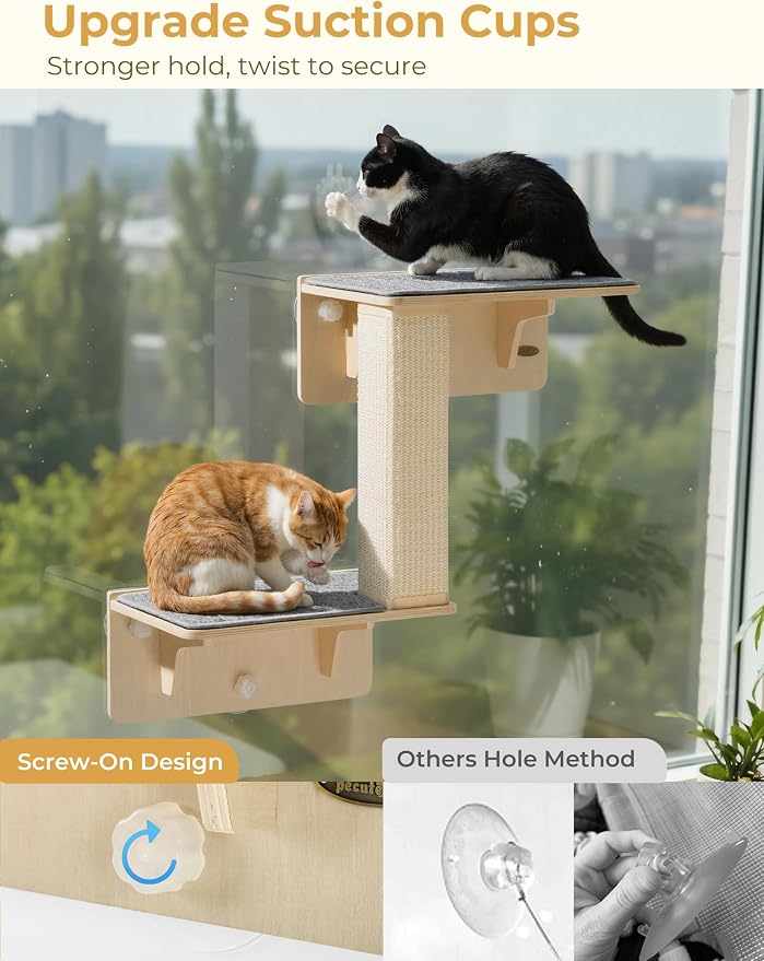 Pecute Double Cat Shelves with Scratching Post for Wall & Window | Solid Wood Frame, Strong Suction Cups, Washable Cover Mat, Cats Perch Bed for Birds Watching Inside, Indoor Cat Hammock Bed