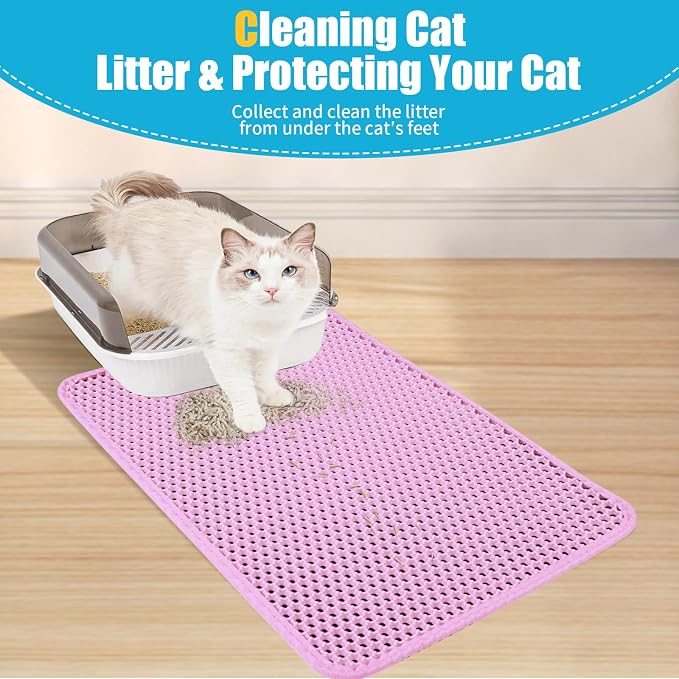 Cat Litter Mat 23"x14.5", Double Layer Waterproof Litterbox Mat, Pink | Non-slip backing, washable for easy cleanup, traps stray litter with waterproof honeycomb large grid that is urine-proof.