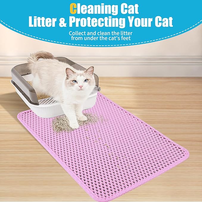 Cat Litter Mat 30"x24", Double Layer Waterproof Litterbox Mat, Pink | Non-slip backing, washable for easy cleanup, traps stray litter with waterproof honeycomb large grid that is urine-proof.